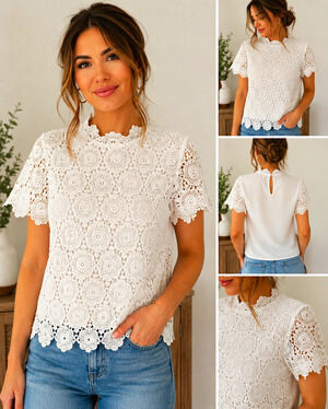 Who What Wear Women’s XS White Crochet Lace Floral Short Sleeve Blouse Top